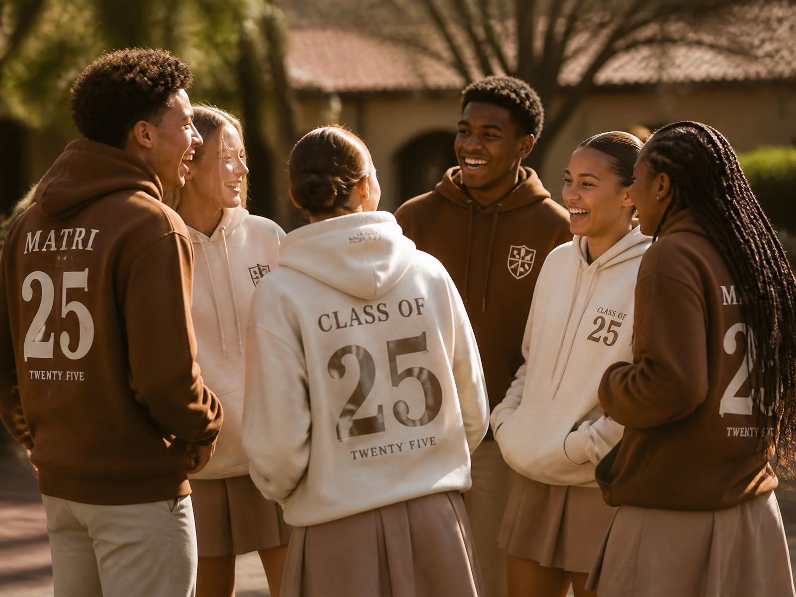 High school seniors wearing custom hoodies
